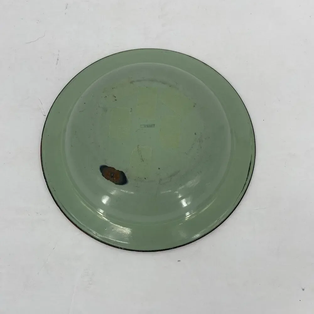 Antique Enamel Child’s Plate Germany Puppy Dog Feeding Bowl Green Red Rim